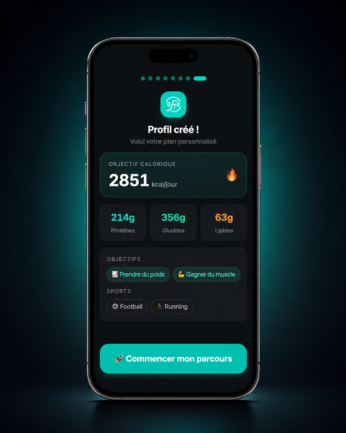 FiTrack - plan nutrition personnalisé après l'inscription