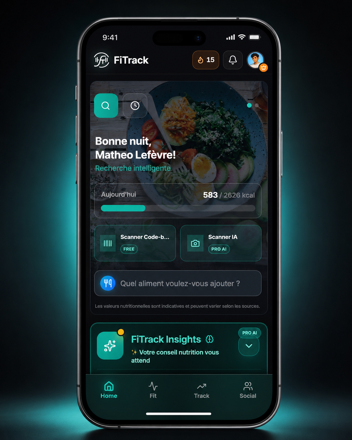 FiTrack - journal alimentaire, scan code-barres et photo IA