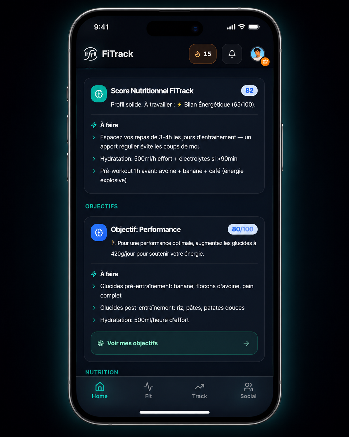 FiTrack - coaching nutrition par IA, score et conseils