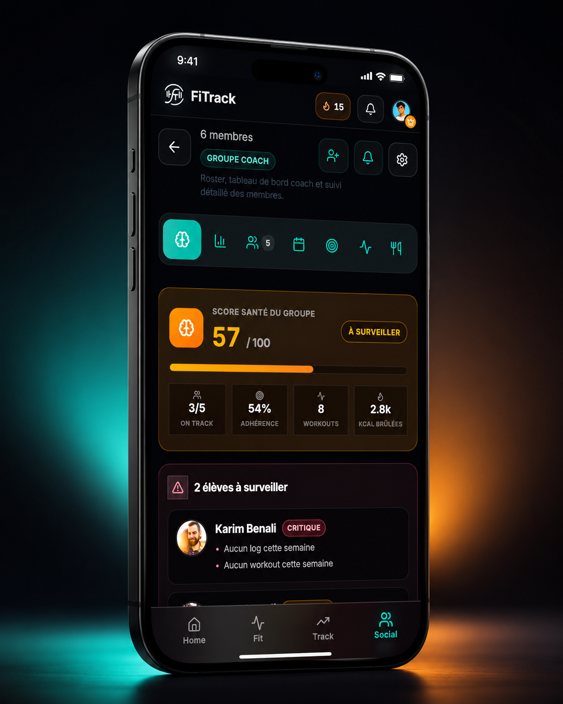 FiTrack - dashboard coach : suivi nutrition de l'équipe en temps réel