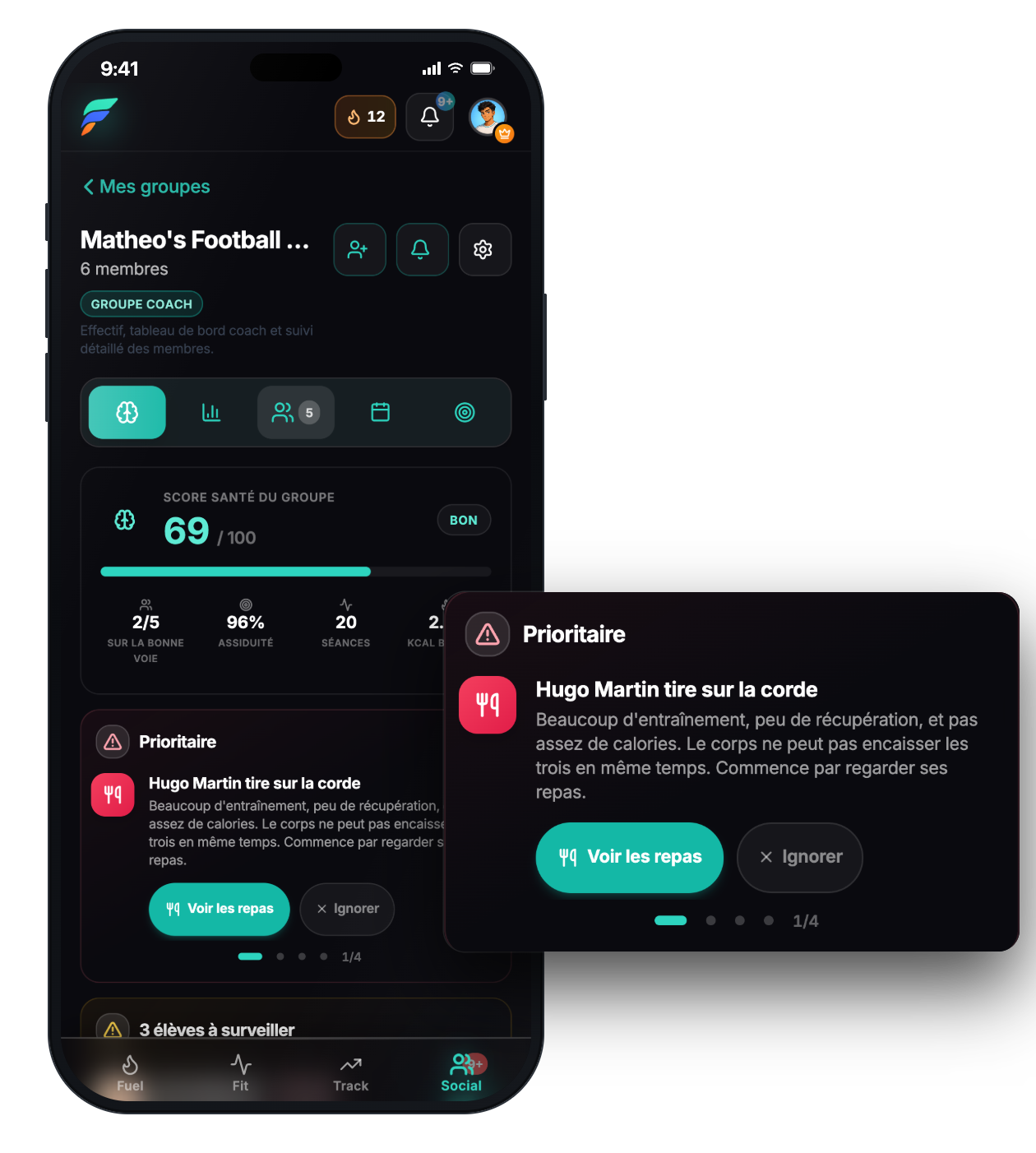 FiTrack - radar coach : score santé du groupe et alerte « Hugo Martin tire sur la corde »